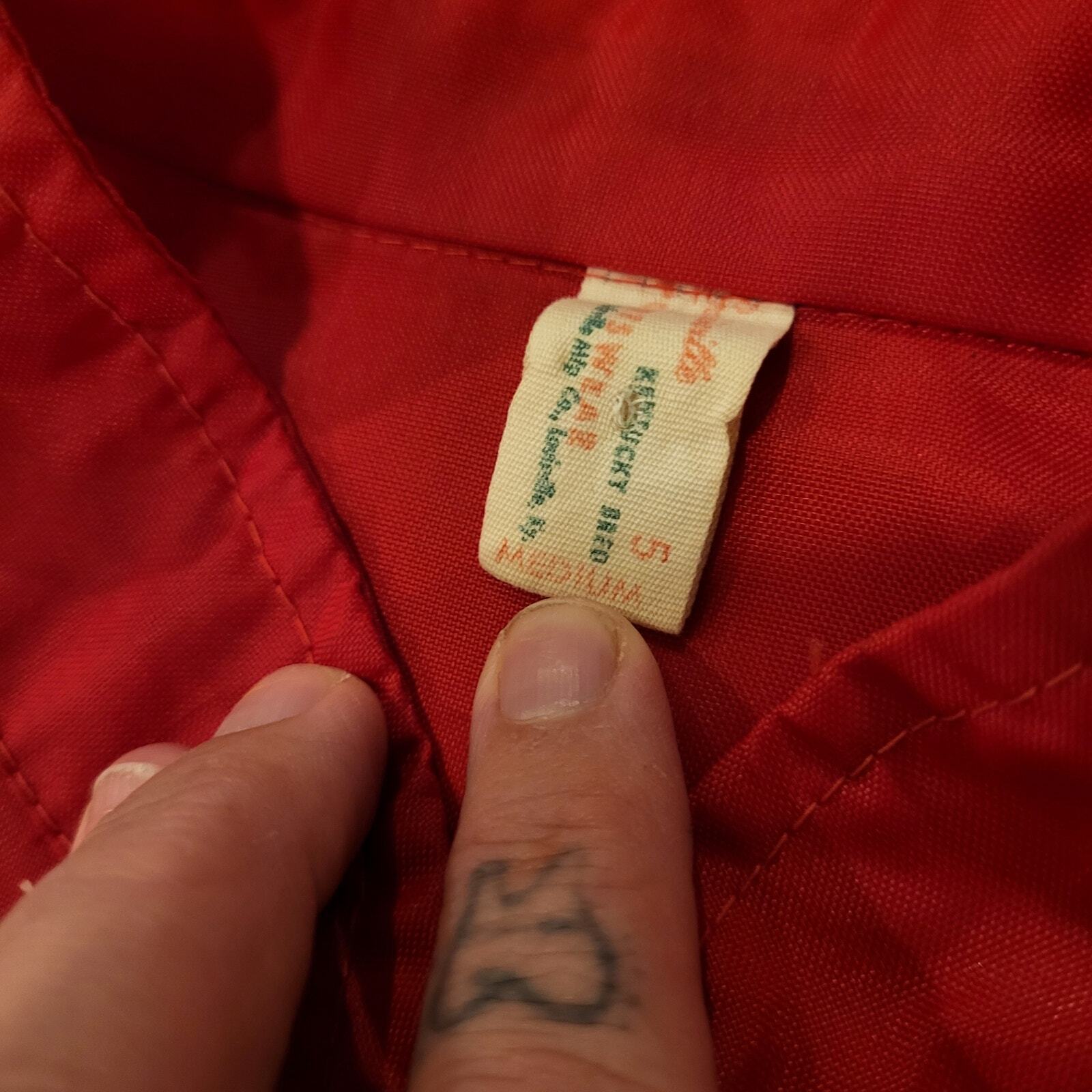 Red Nylon Vintage Jacket Zip 22" Pit to Pit Stripe Melroe Bobcat
