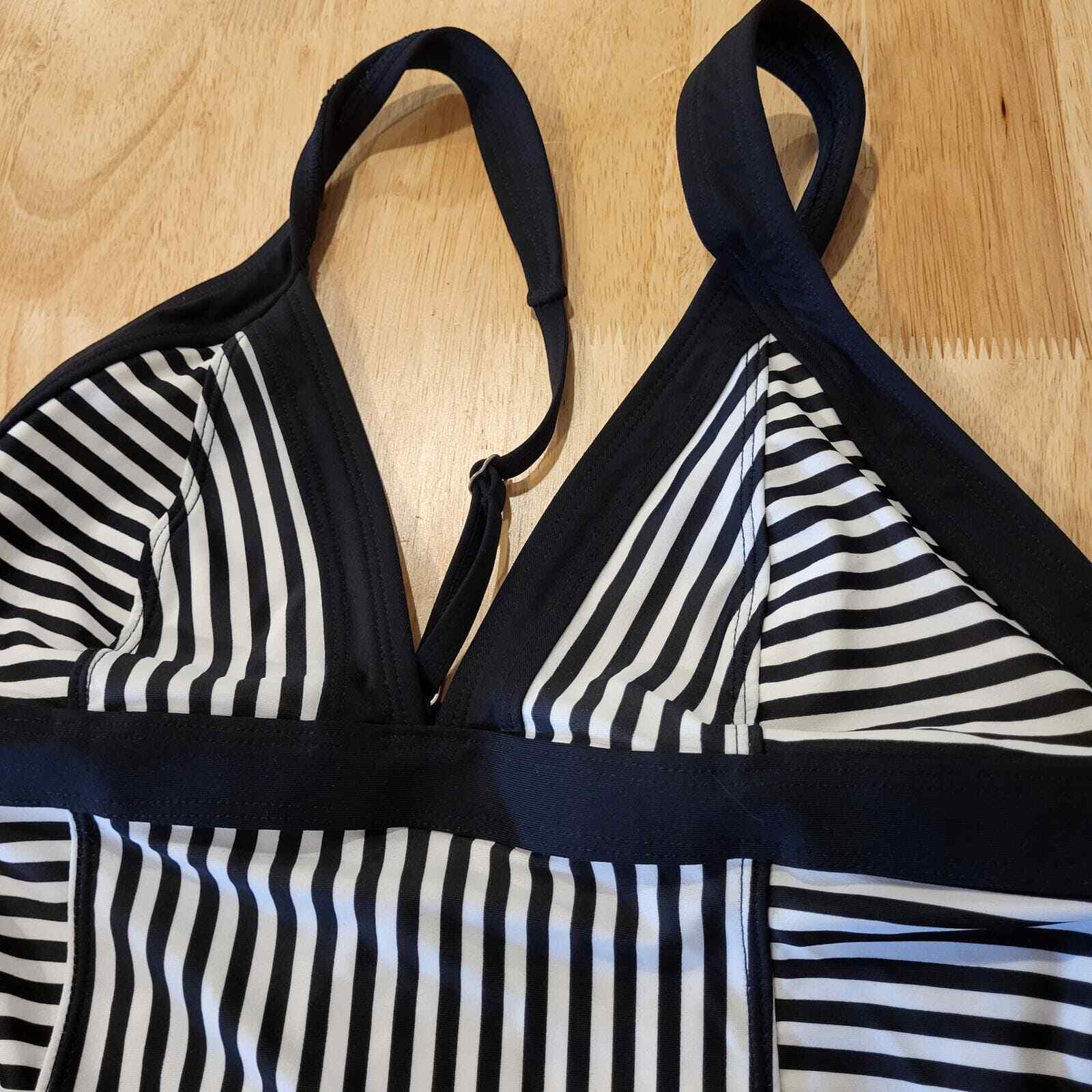 Athleta swim top striped black and white triangle strap metal clasp full 