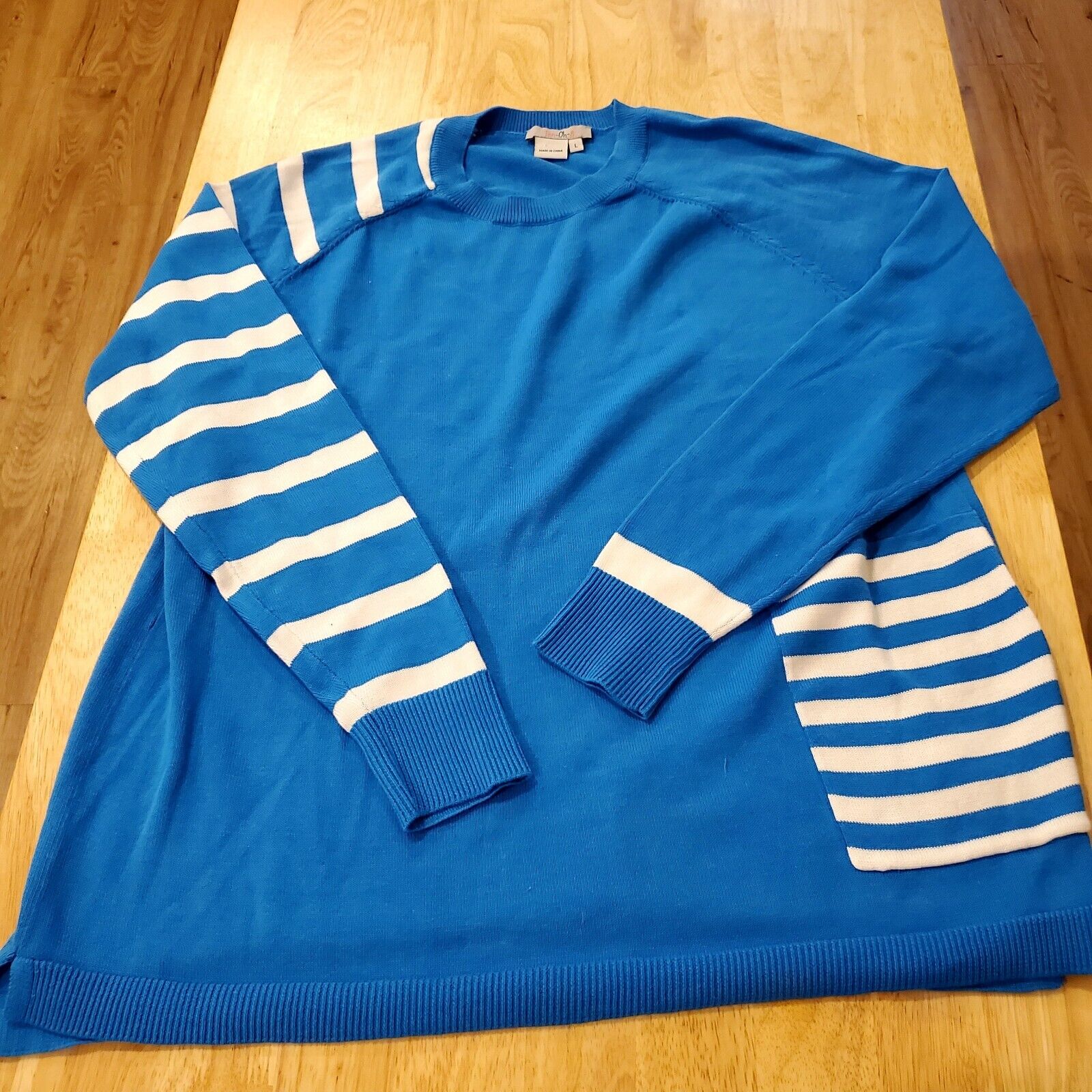 100% Pima Cotton Sweater Blue  With White Stripes Ten-0h-8 Large Crew Neck Knit
