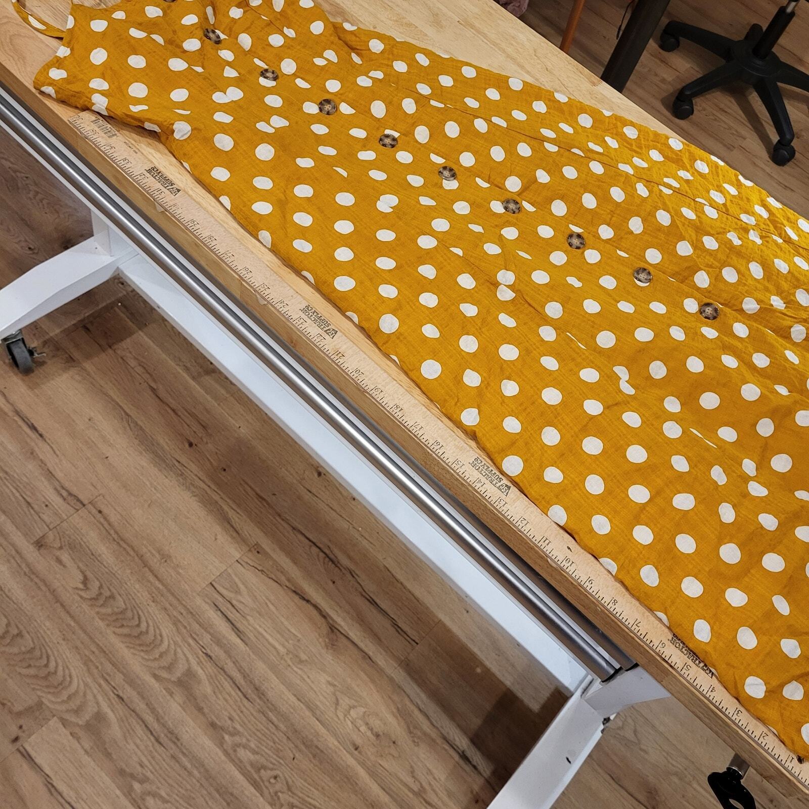Rebellion Mustard Yellow Polka Dot Strappy Dress Small Button 16" p2p 14" Waist
