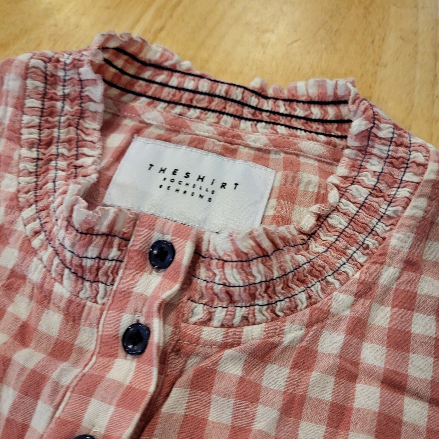 Rochelle Behrens The Shirt Gingham Pink Sheered Collar & Cuff Cotton Long Sleeve
