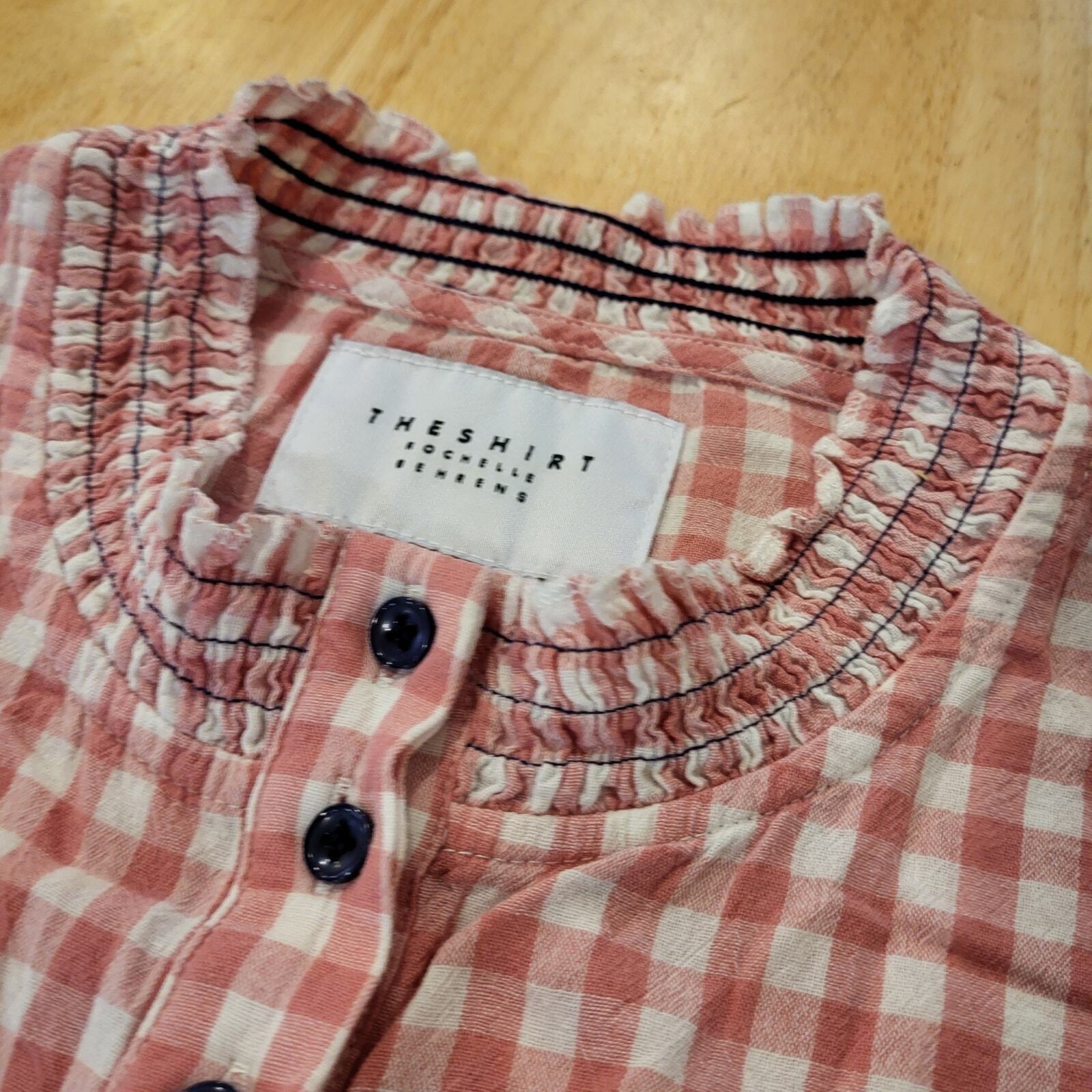 Rochelle Behrens The Shirt Gingham Pink Sheered Collar & Cuff Cotton Long Sleeve
