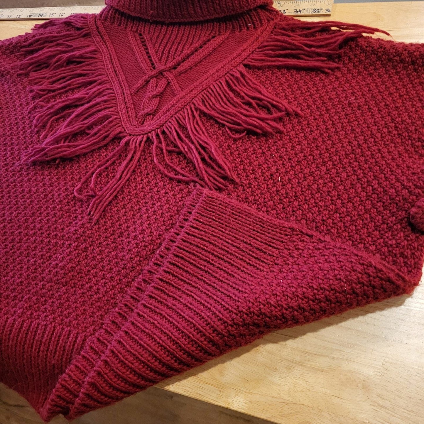 Vintage Burgundy Knit Turtle Neck Poncho Sweater 25" Long 33" Wide