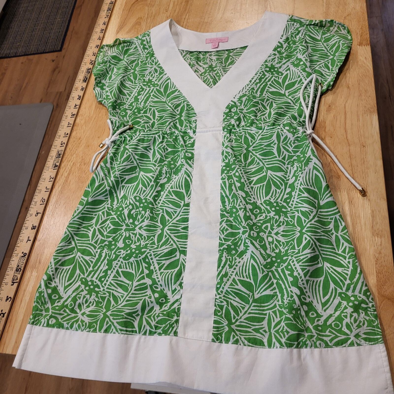Lilly Pulitzer Green Botanical Print White Trim Baby Doll Top Cap Sleeve Trim XS