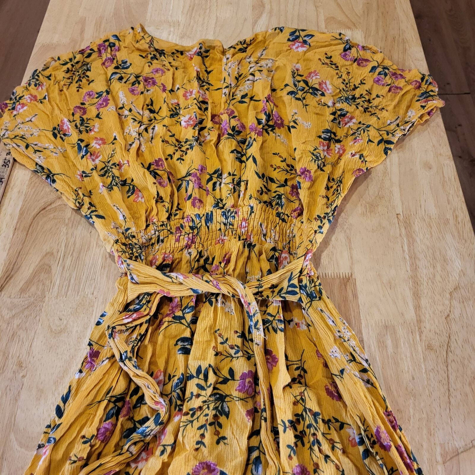 Yellow Floral V Neck Flow Flutter Sleeve 12"-22" Waist Tie Maxi Dress