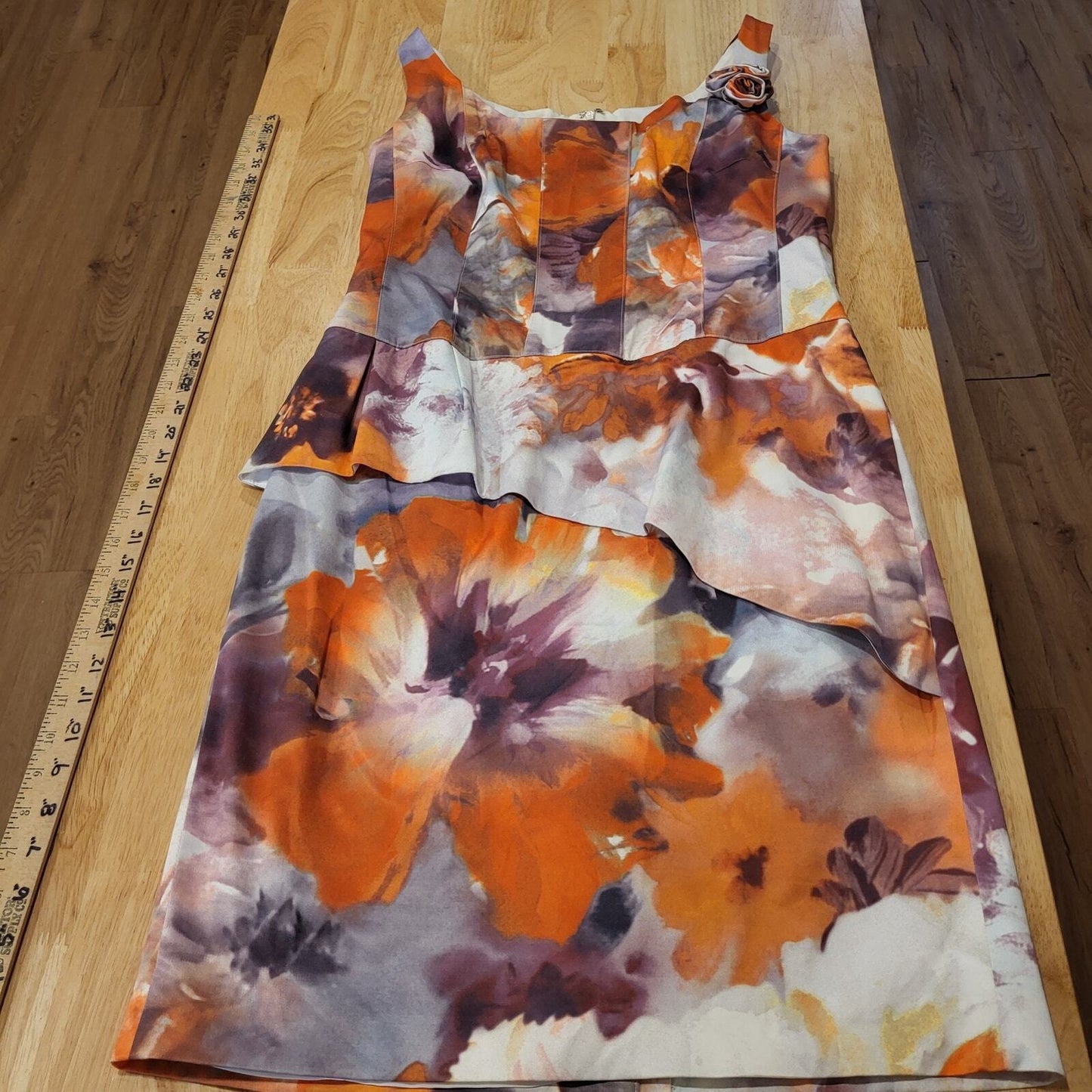 Rickie Freemen For Teri Jon Orange Purple Watercolor Pencil Dress Flounce 10