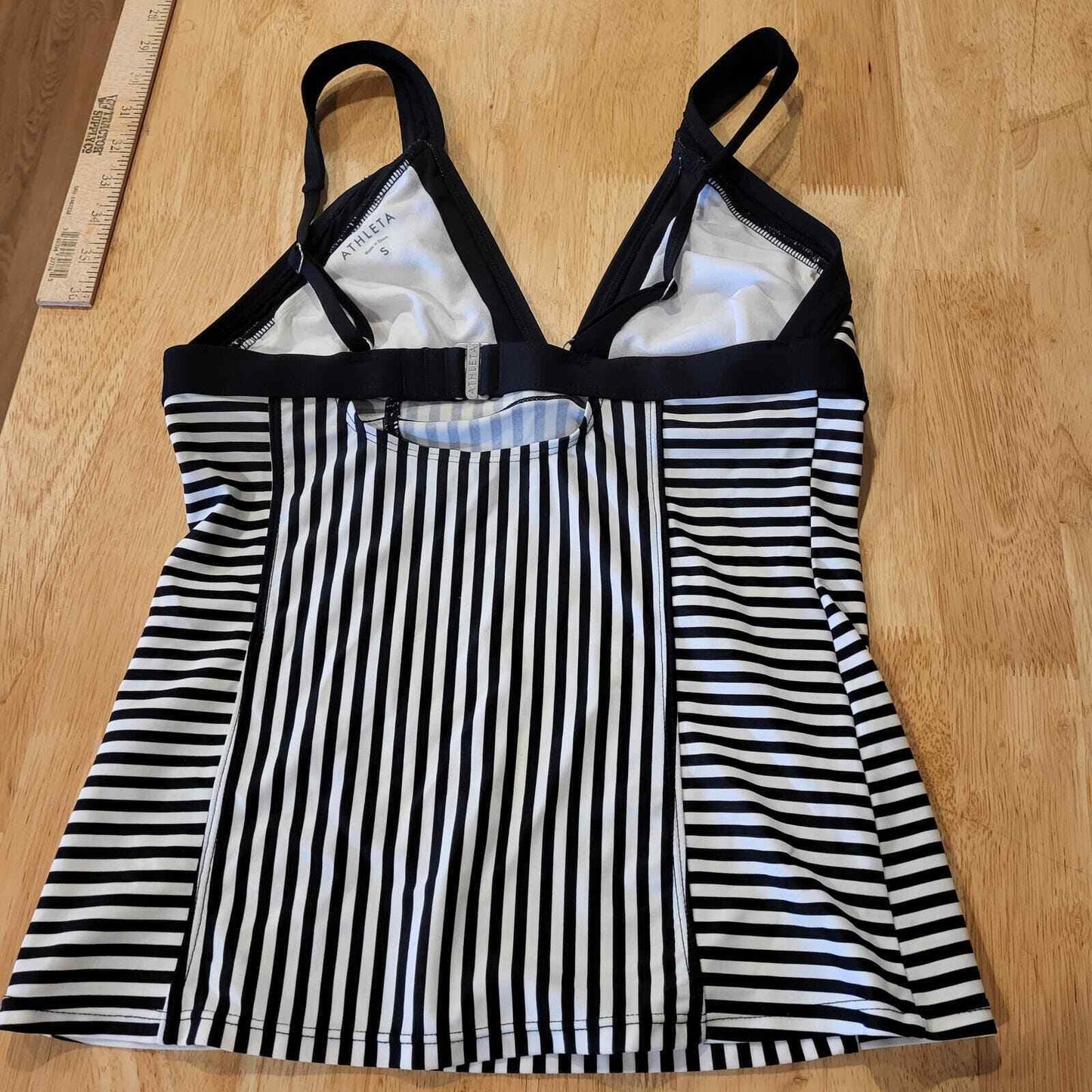 Athleta swim top striped black and white triangle strap metal clasp full 