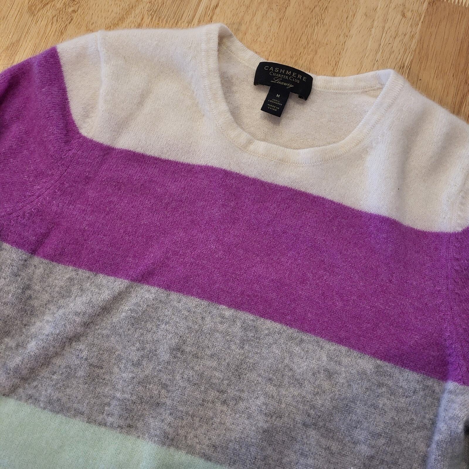 Charter Club Luxury 100% Cashmere Pink & Green Stripe Crew Neck Sweater Medium