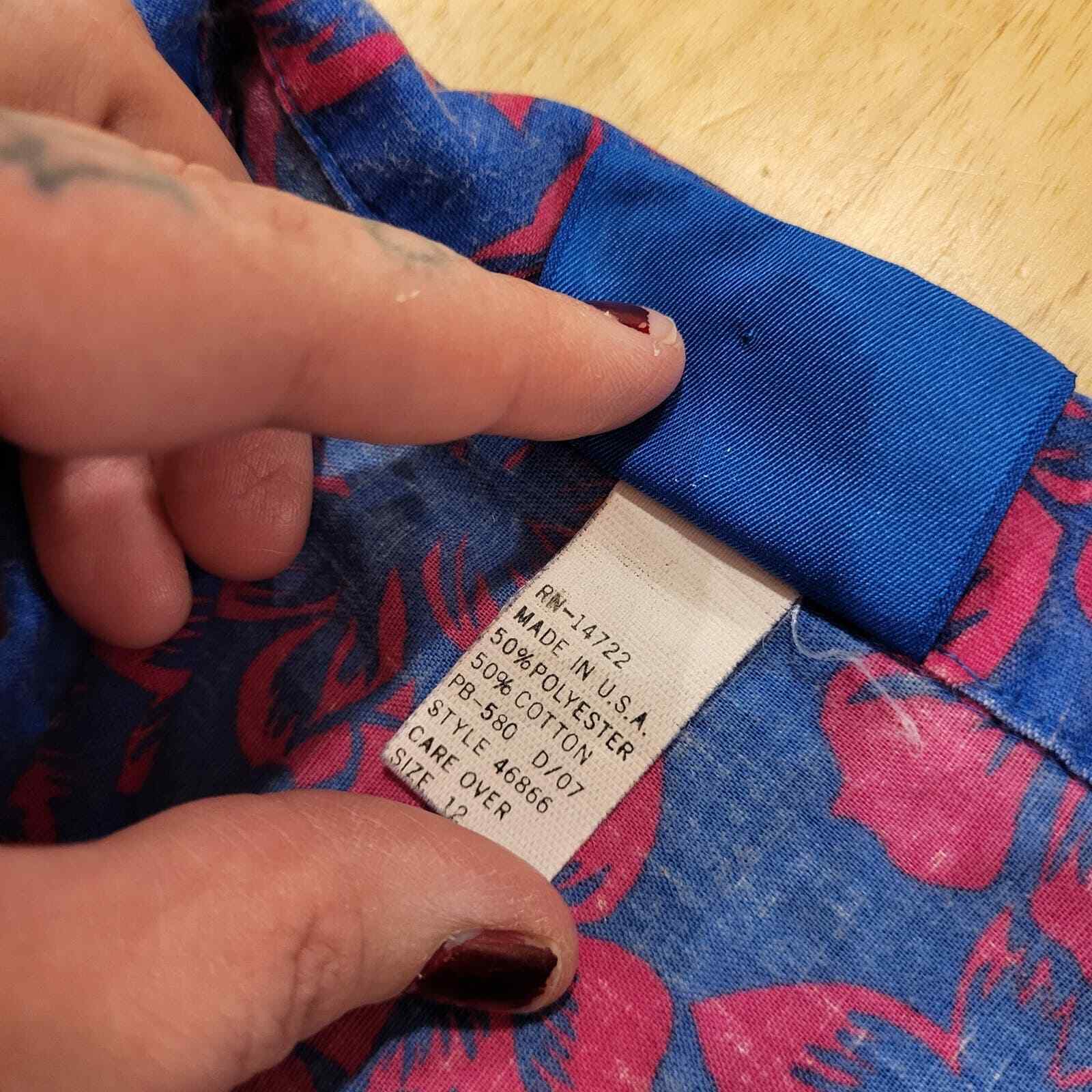 Vintage US Blue Pink 100% Cotton Hawaiian Short Sleeve Button Down 19" Pit 2 Pit