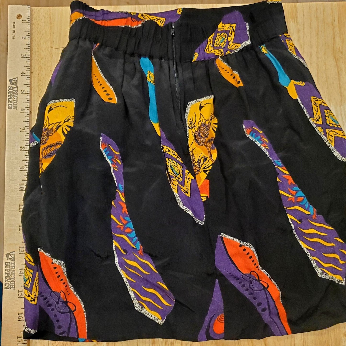 Vintage Mini Skirt Black Tie Print Elastic Zip Waist Pockets Belt Loop 24" Waist