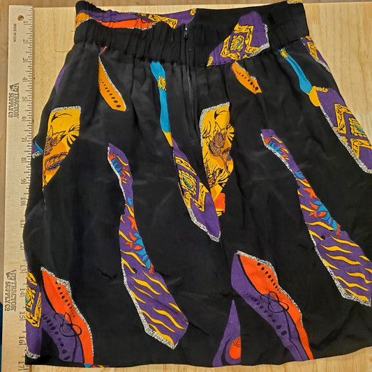 Vintage Mini Skirt Black Tie Print Elastic Zip Waist Pockets Belt Loop 24" Waist