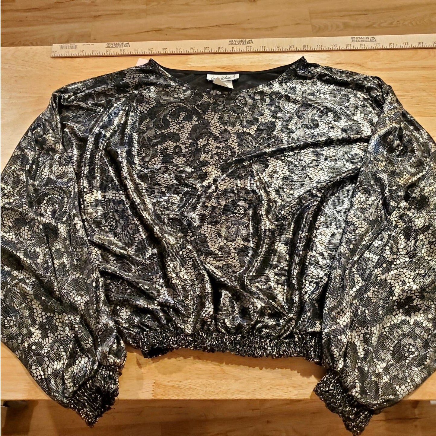 Vintage Silver Metallic Elastic Gather Waist Lace Print Ballon Sleeve Blouse Med