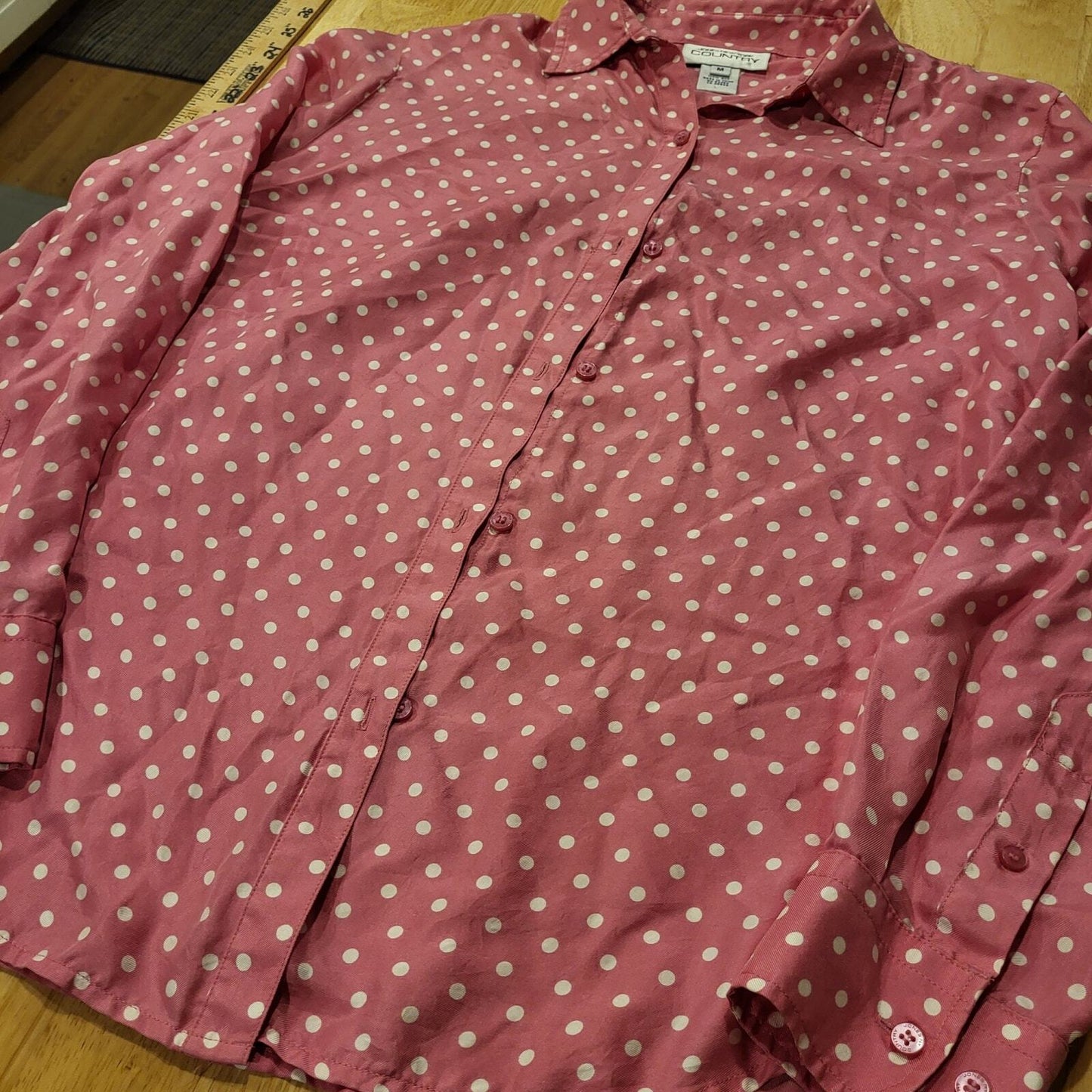 Vintage Jones New York Country Medium Pink Polka Dot Silk Collared Button Down