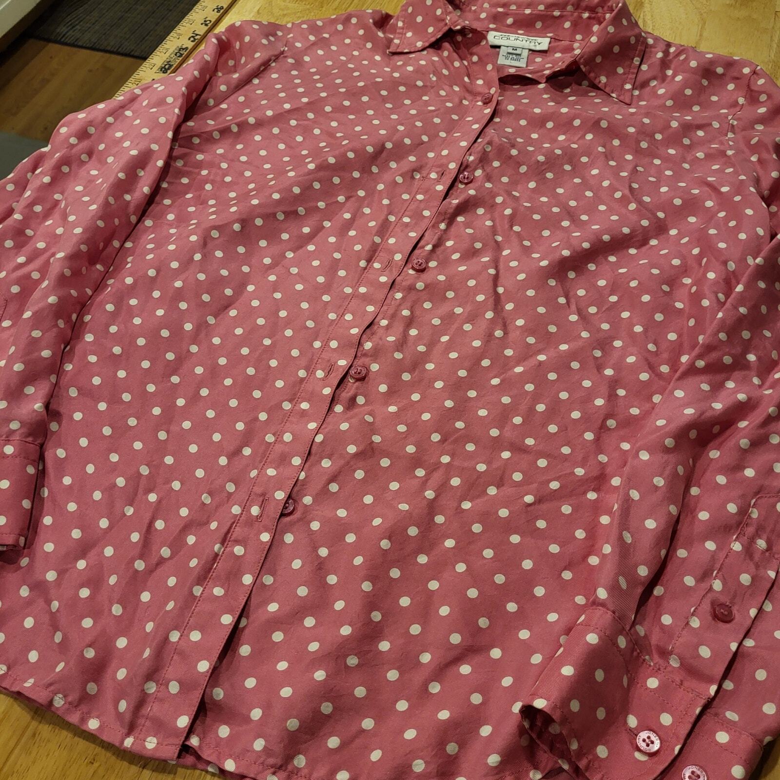 Vintage Jones New York Country Medium Pink Polka Dot Silk Collared Button Down