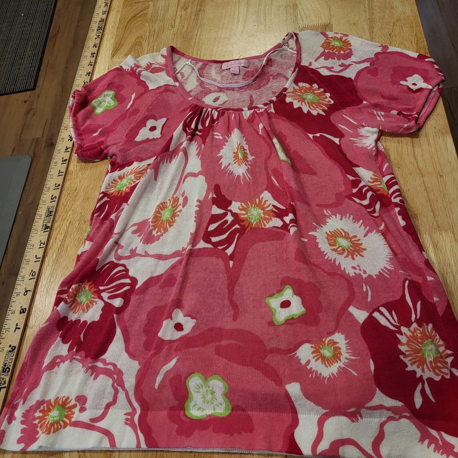 Lilly Pulitzer Pink Cherry Begonia Print Knit Top Soft Short Sleeve 19" P2P