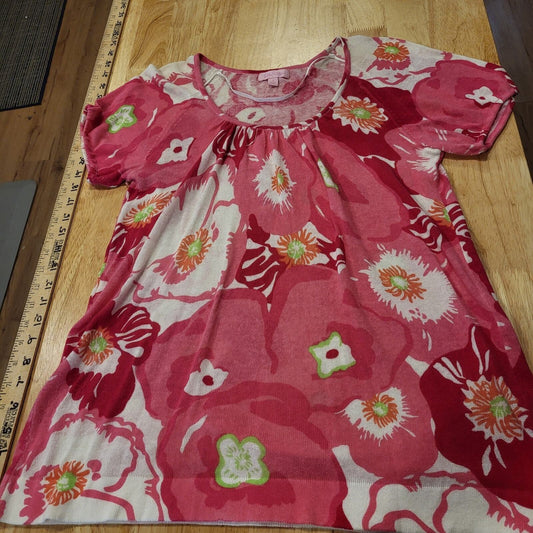 Lilly Pulitzer Pink Cherry Begonia Print Knit Top Soft Short Sleeve 19" P2P