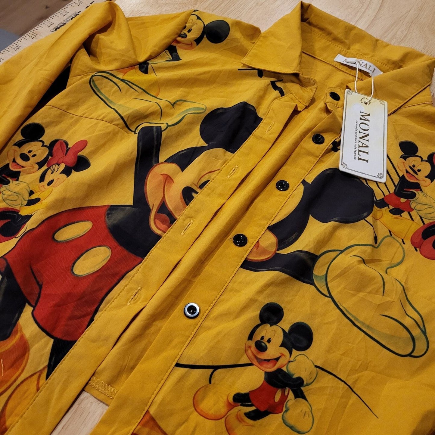 NWT Monali Yellow Cotton Mickey Mouse Blouse Tie Front Collared Button Down 