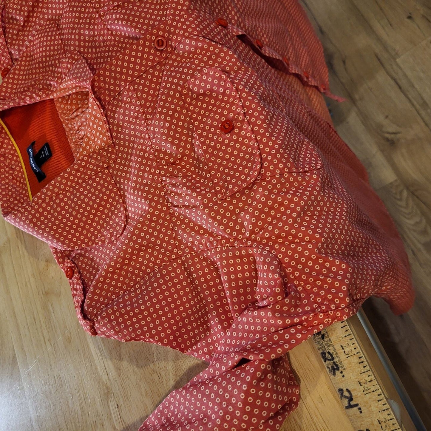 Lands End Large 14/16  Cotton-Poly Blend Red Dotted Button Up Collared shirt