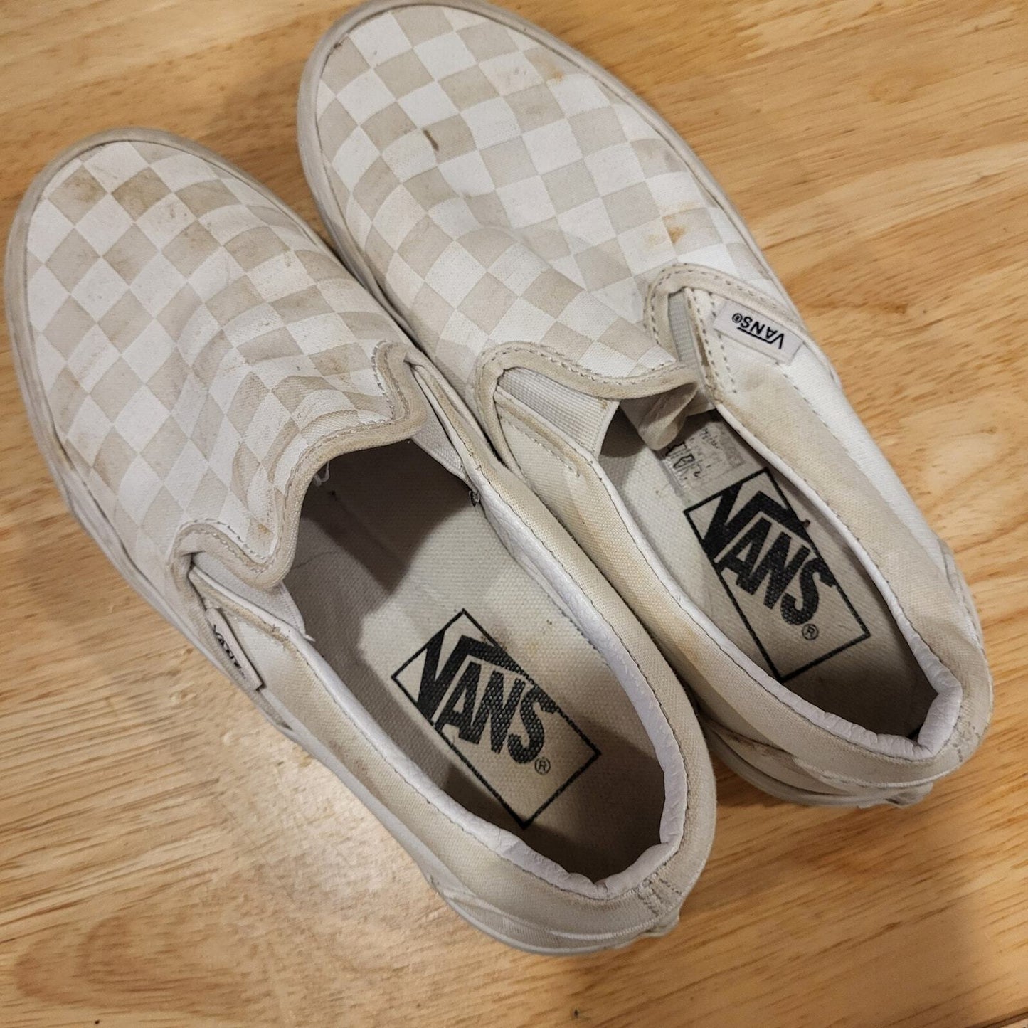 Us Women's Size 6 Vans Checkerboard Slides Beige White 9"