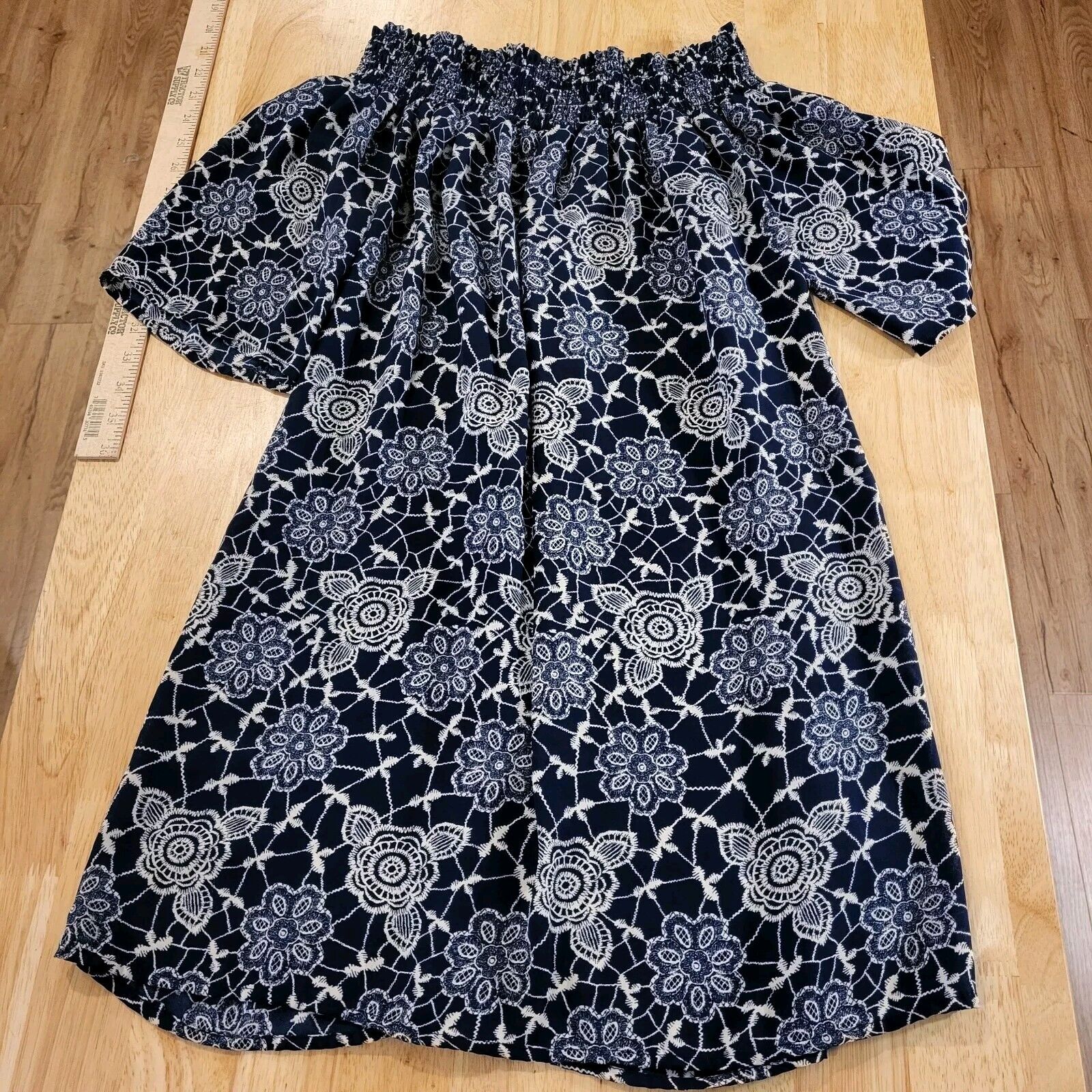 Blue Floral Mini Dress Bardot Cold Shoulder Elastic Keyhole Back Medium