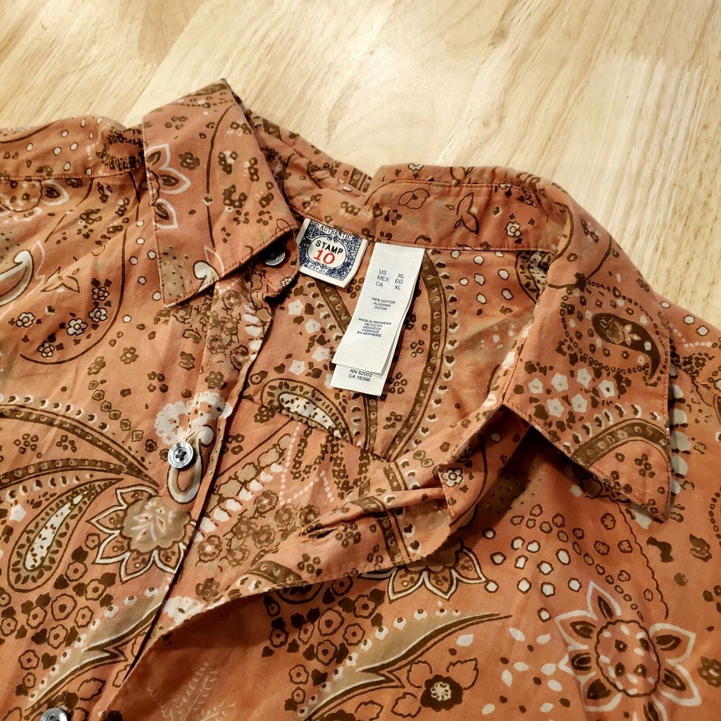 Western Stamp 10 Burnt Orange Paisley Button Down Collared Shirt XL 100% Cotton