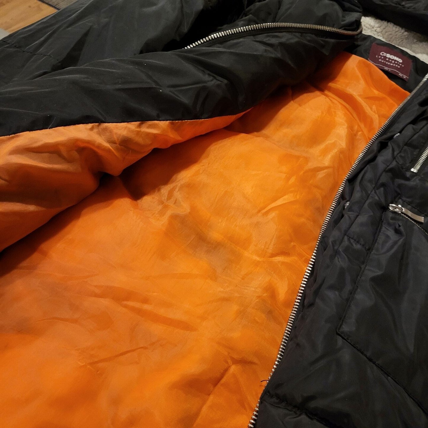 Viral Black Hooded Puffer Coat Orange Lining Silver Zip Pockets Sherling Hood LG