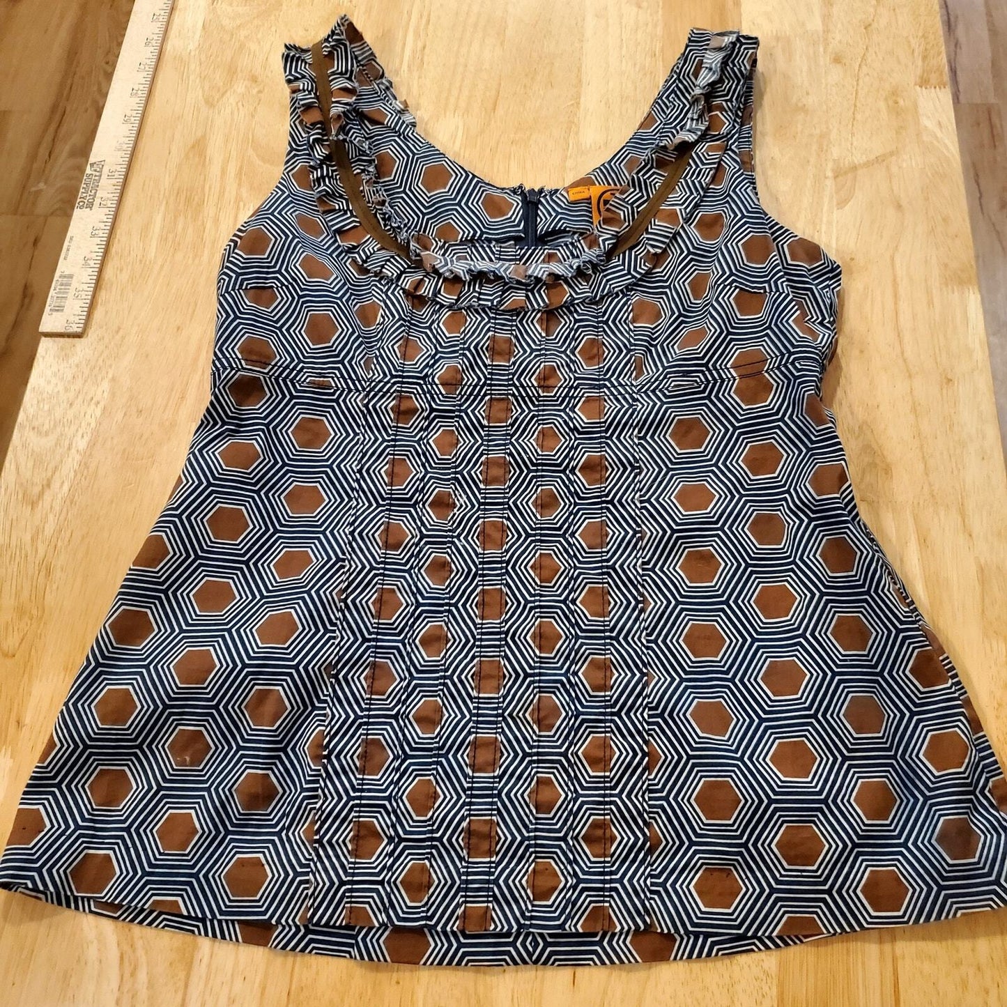 Geometric Tory Burch Sleeveless Blouse Cotton Pleated detail Blue brown