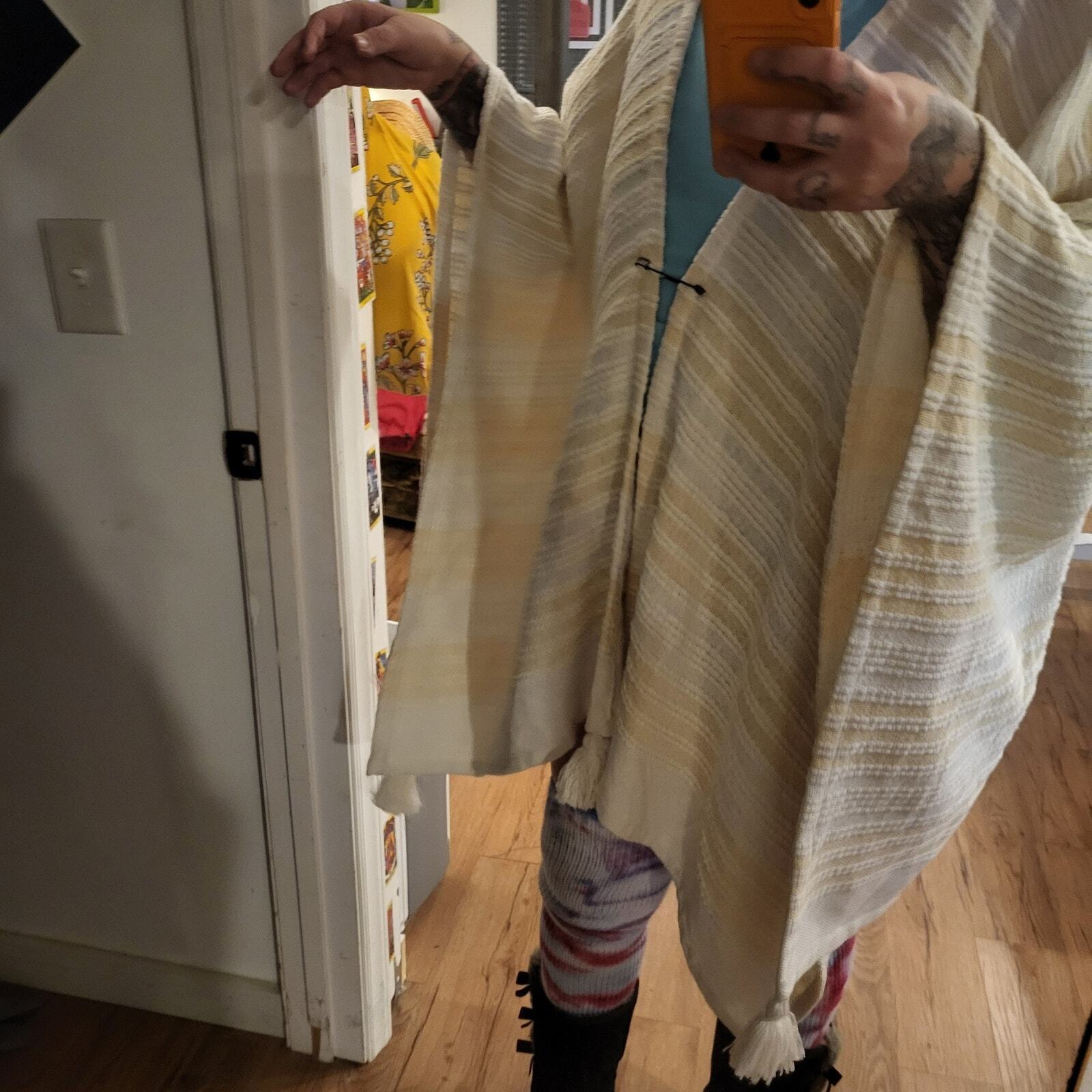 Hand Made Knit Yellow & White Striped Poncho Shawl Open Front Pin 