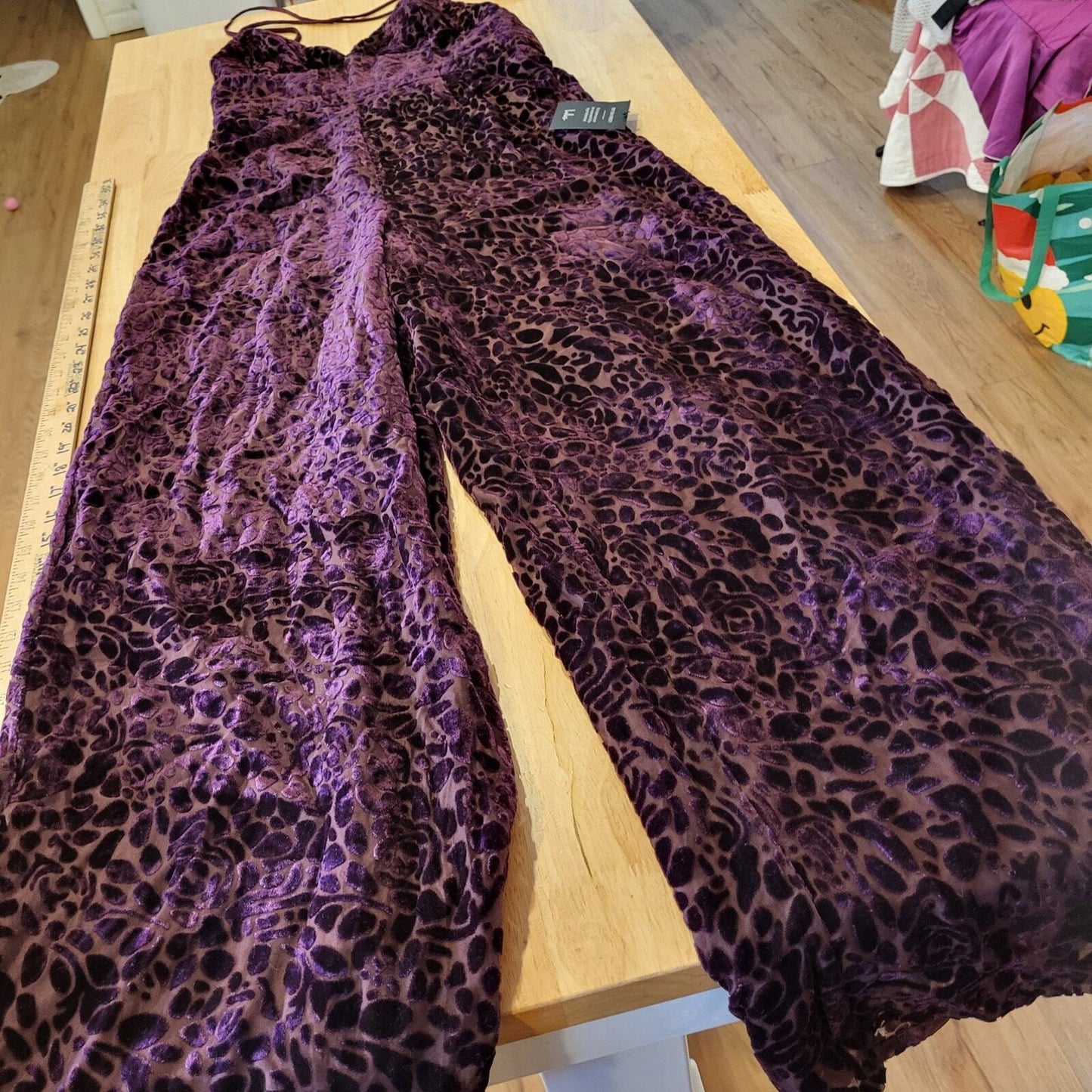 Lulu's Purple Plum Velvet Floral Burnout Spaghetti  Crisscross Back Wide leg