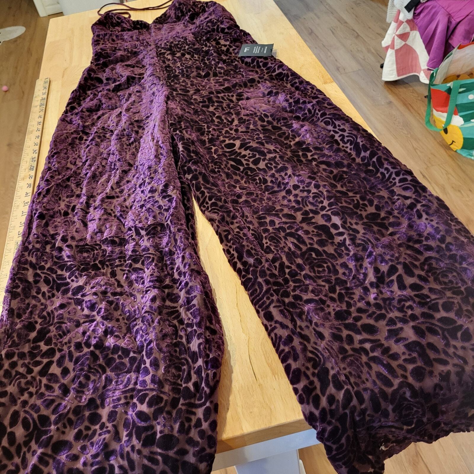 Lulu's Purple Plum Velvet Floral Burnout Spaghetti  Crisscross Back Wide leg