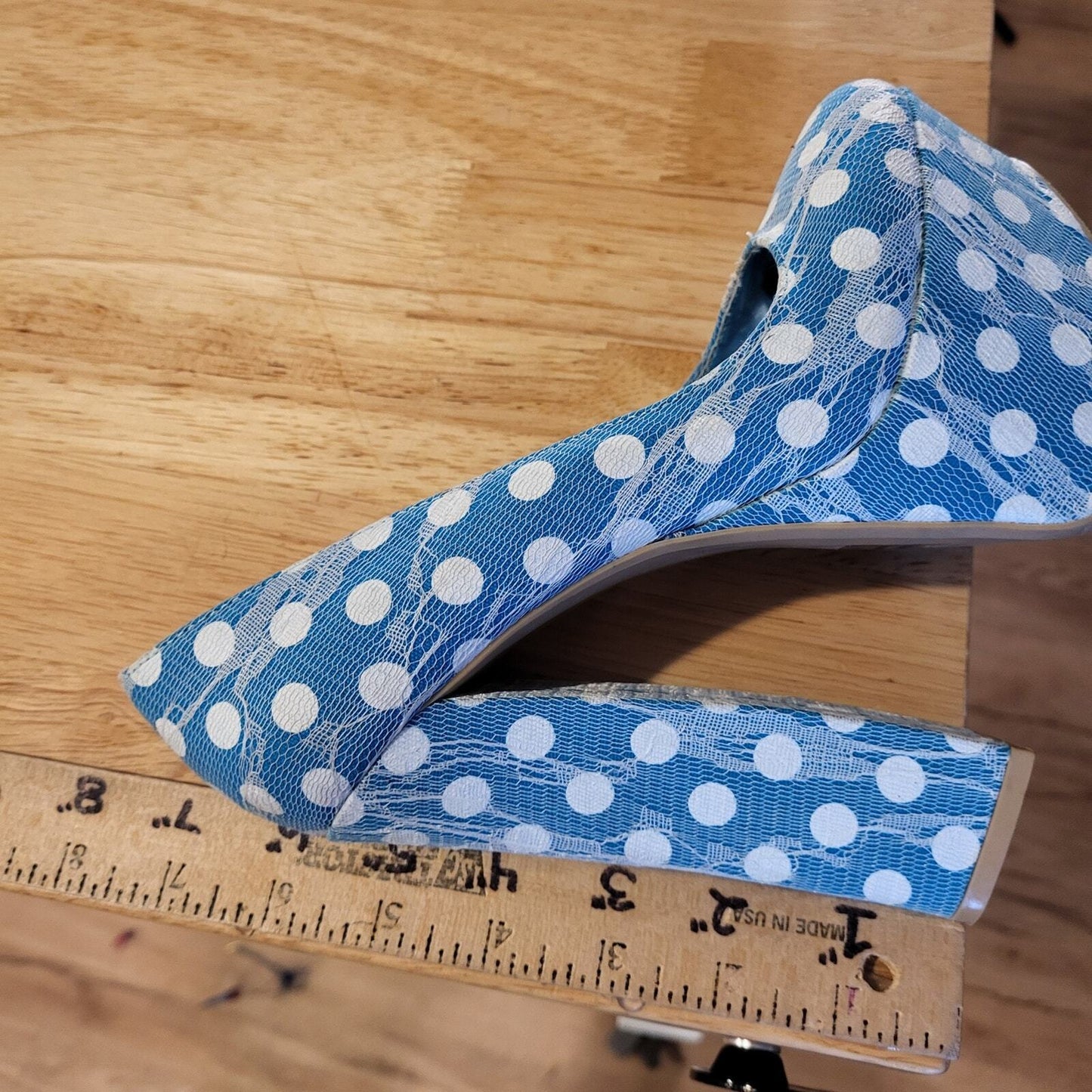 FRH Fahrenheit Blue with white  Polka Dot Lace super high platform size 6