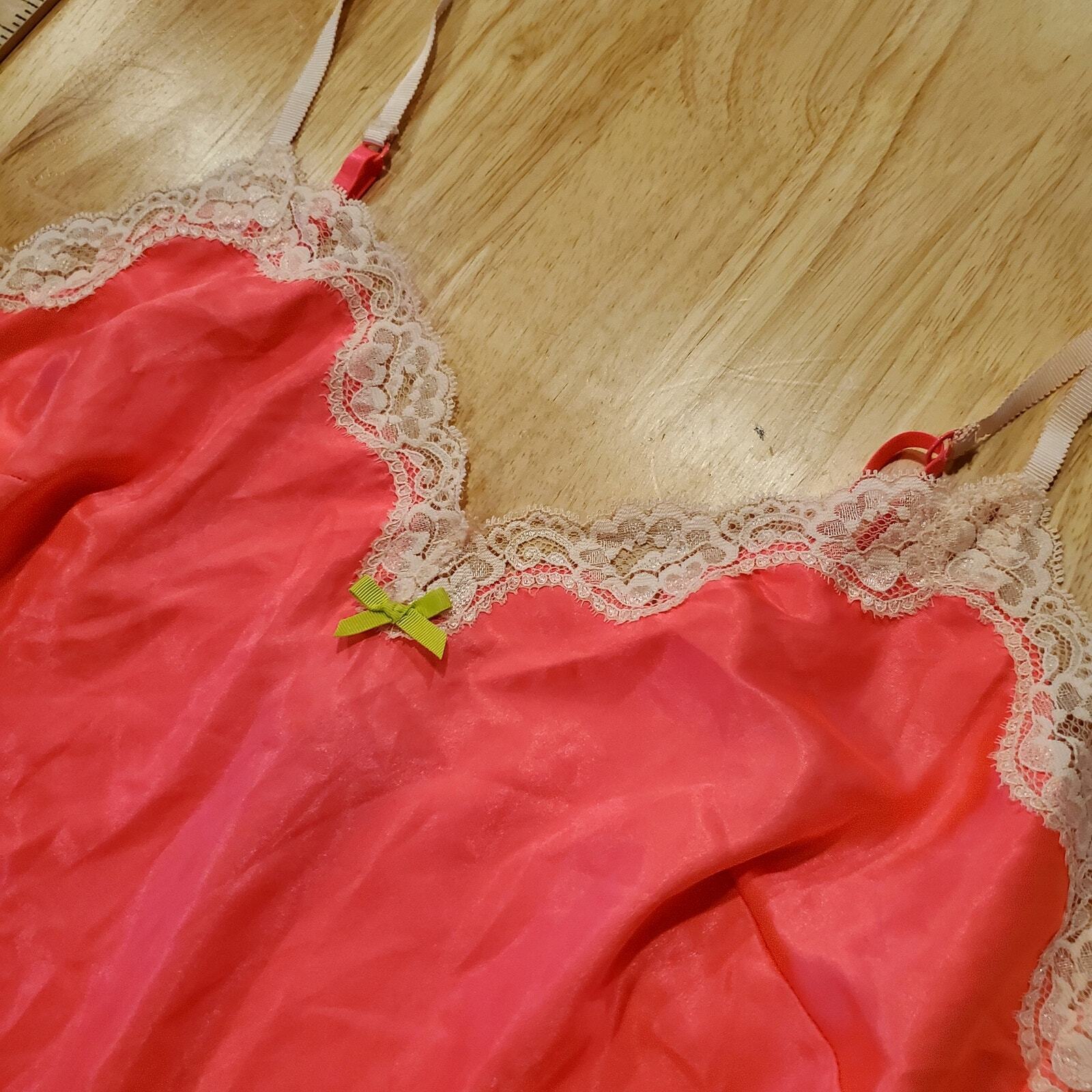 Victoria's Secret Neon Pink Spaghetti Strap White Lace Trim Slip Dress Small