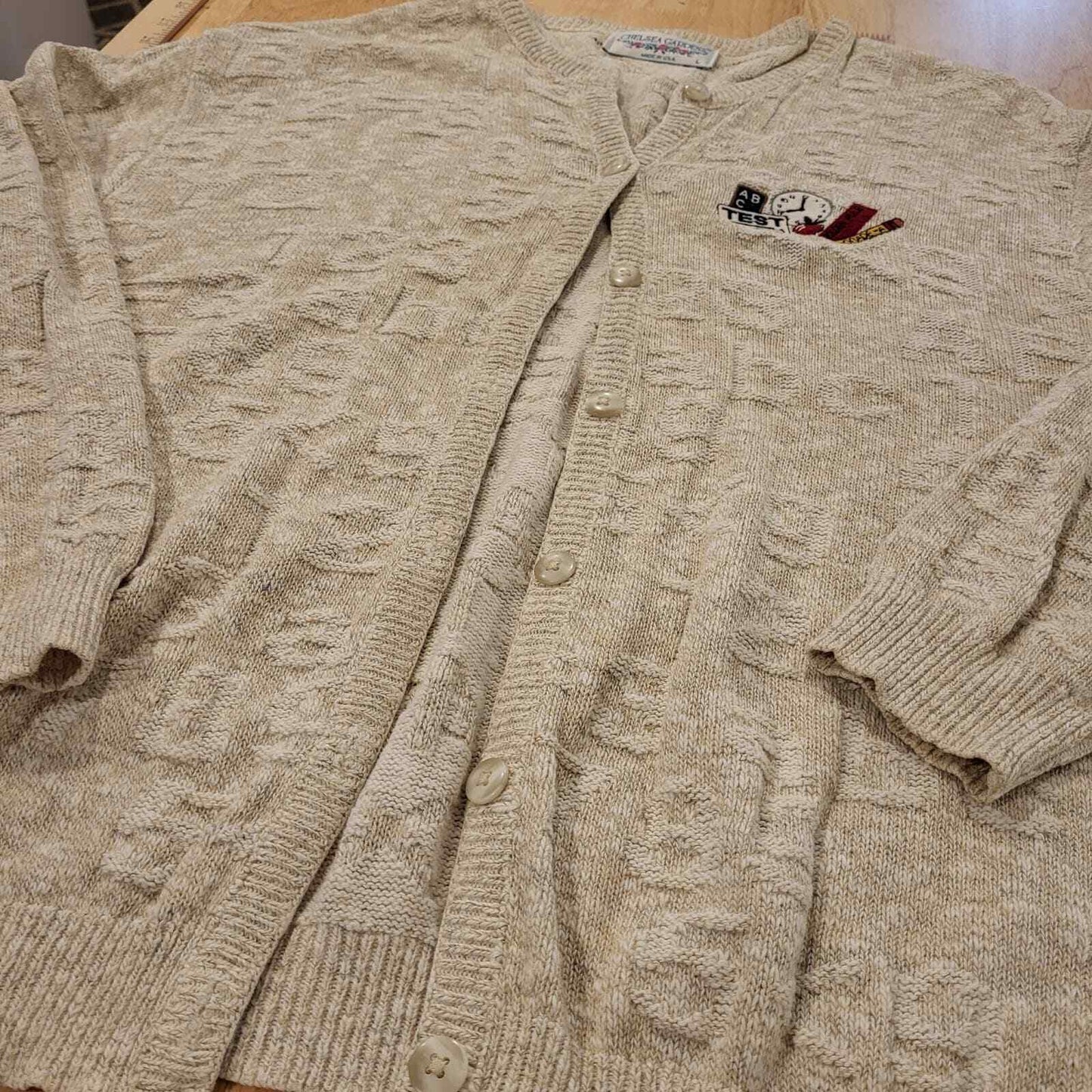 Vintage Sweater School Teacher Theme Embossed ABC 123 Beige Cardigan Large USA