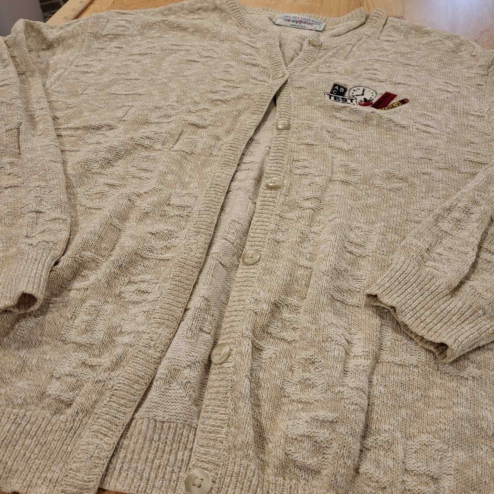 Vintage Sweater School Teacher Theme Embossed ABC 123 Beige Cardigan Large USA