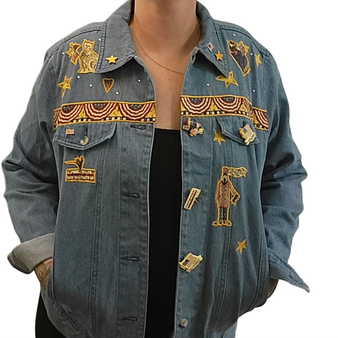 The Quacker Factory America Embroidered Jean Jacket Small