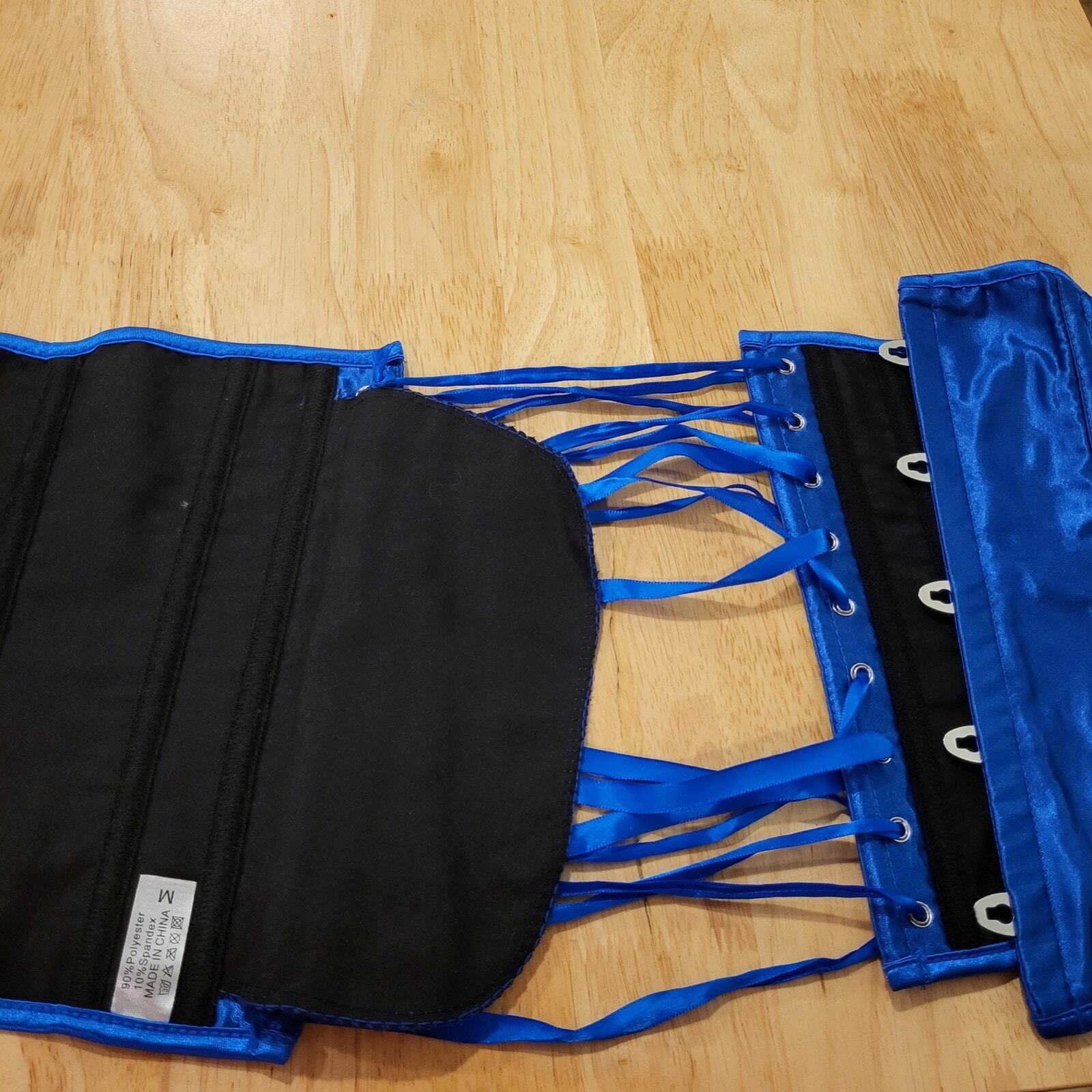 Size Medium Blue Satin Metal Busk Under Bust Corset Measurements in Photos. 