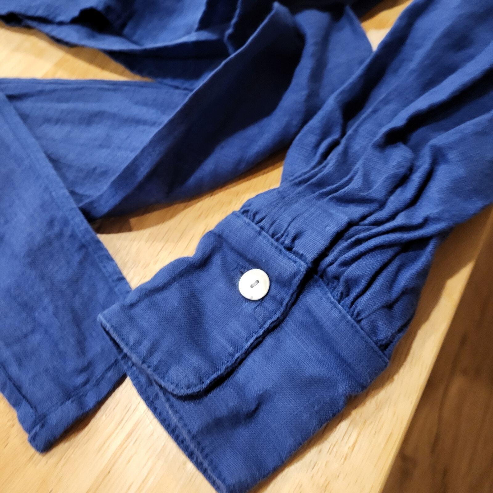 R. G. Kane Rosie Wrap Blouse Blue XS 100% Linen Made in USA 18" P2P