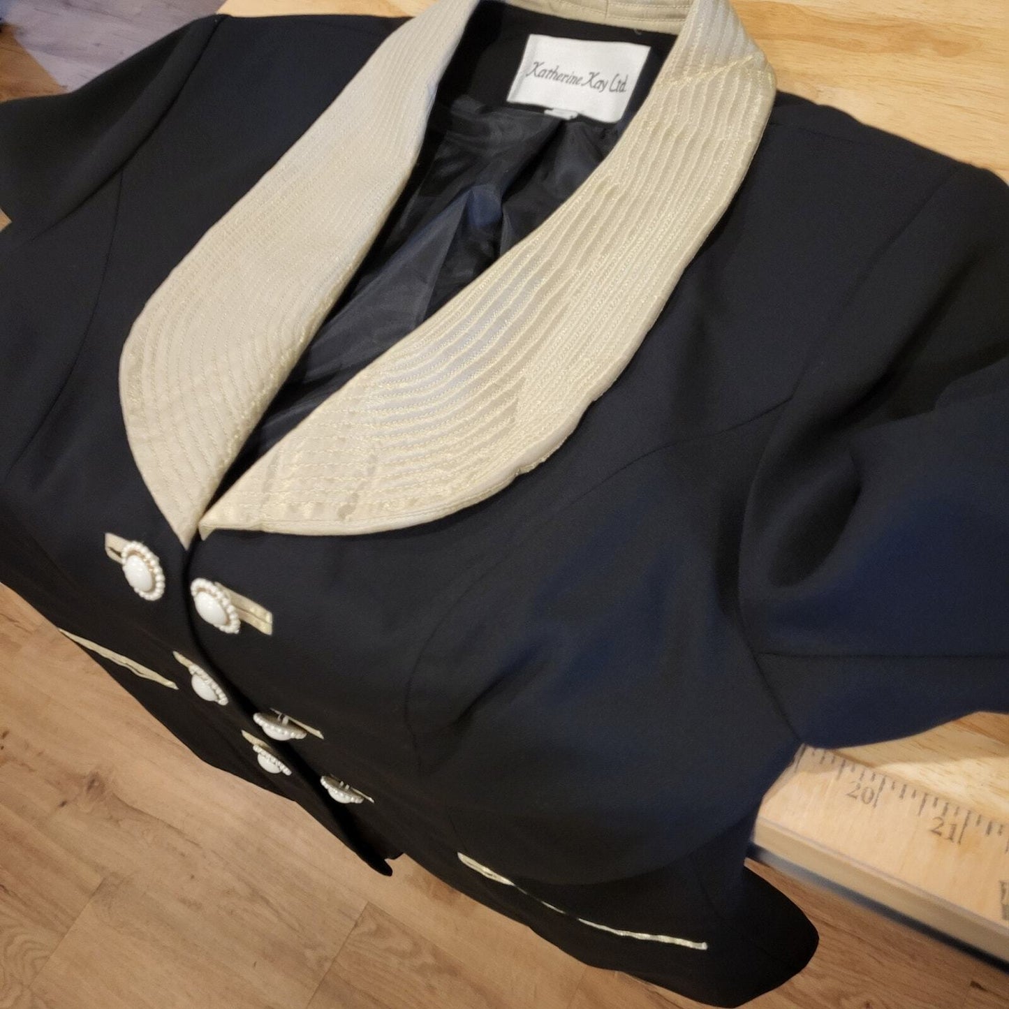 Vintage Katherine Kay Black with Gold Trim Blazer Coat 18" pit 2 pit