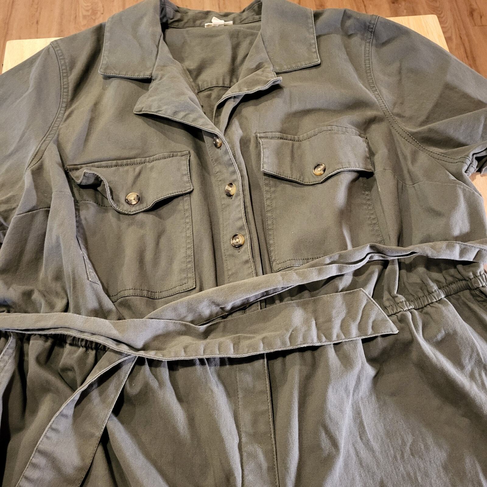 A.N.A 2X Army Green Short Sleeve Jumpsuit Button Collared Pockets Cotton