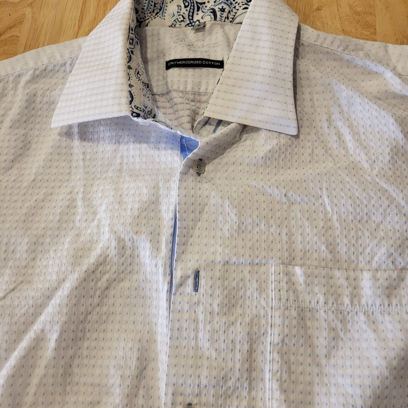 Visconti Men's White & Blue Cotton Button Down Collared Dress Shirt XL Blue