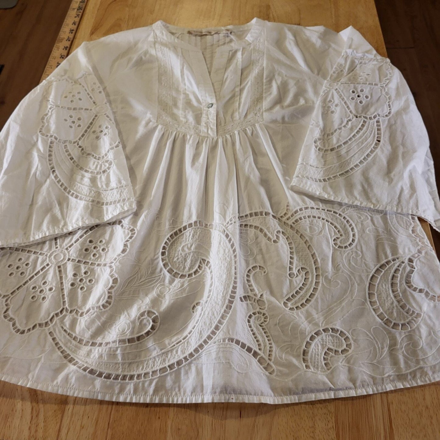 Soft Surroundings White Eyelet Cotton Blouse Pintuck Pleat 3/4" Sleeve XS 