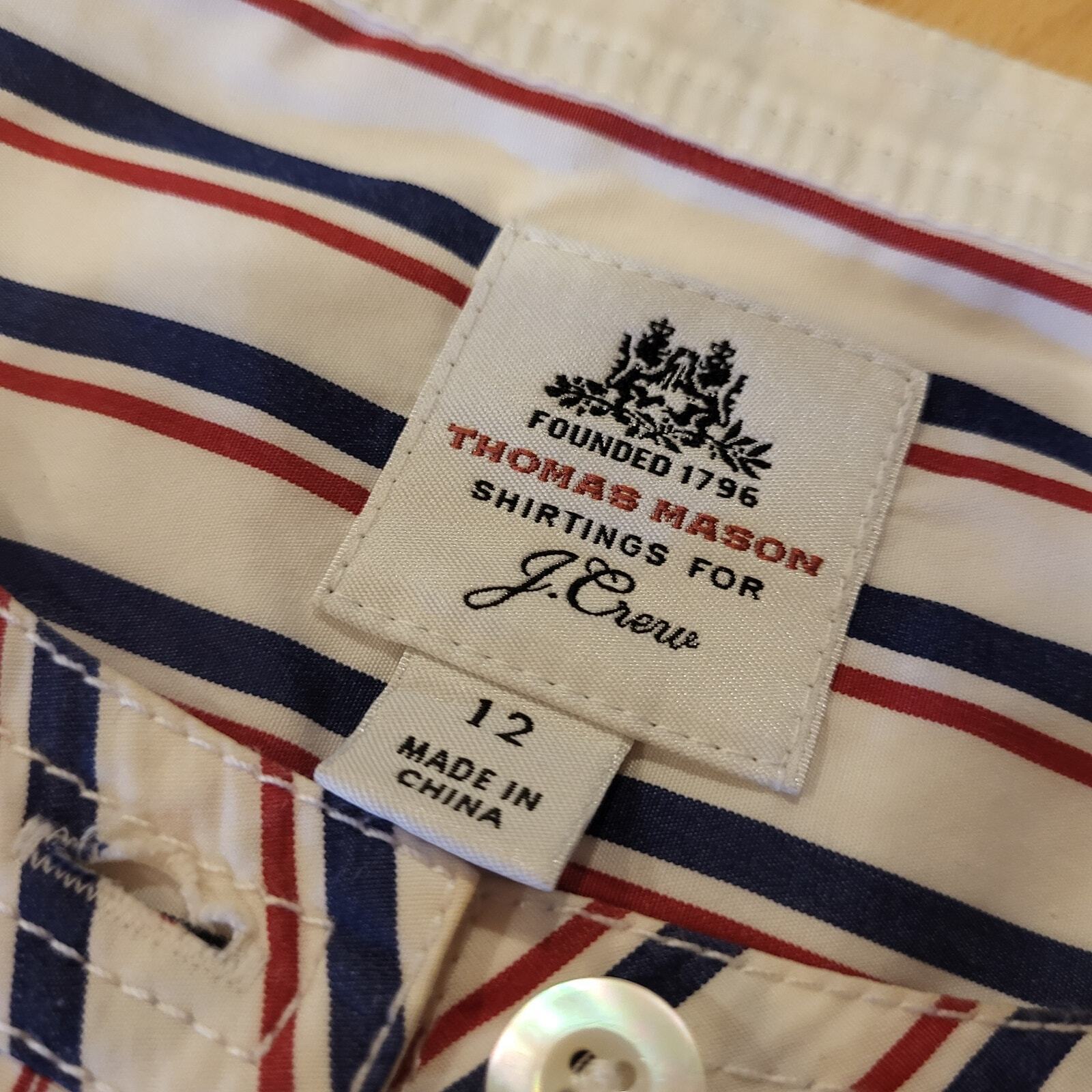 Thomas Mason for J. Crew Red, White, & Blue Striped Shirt Dress 12 100% Cotton