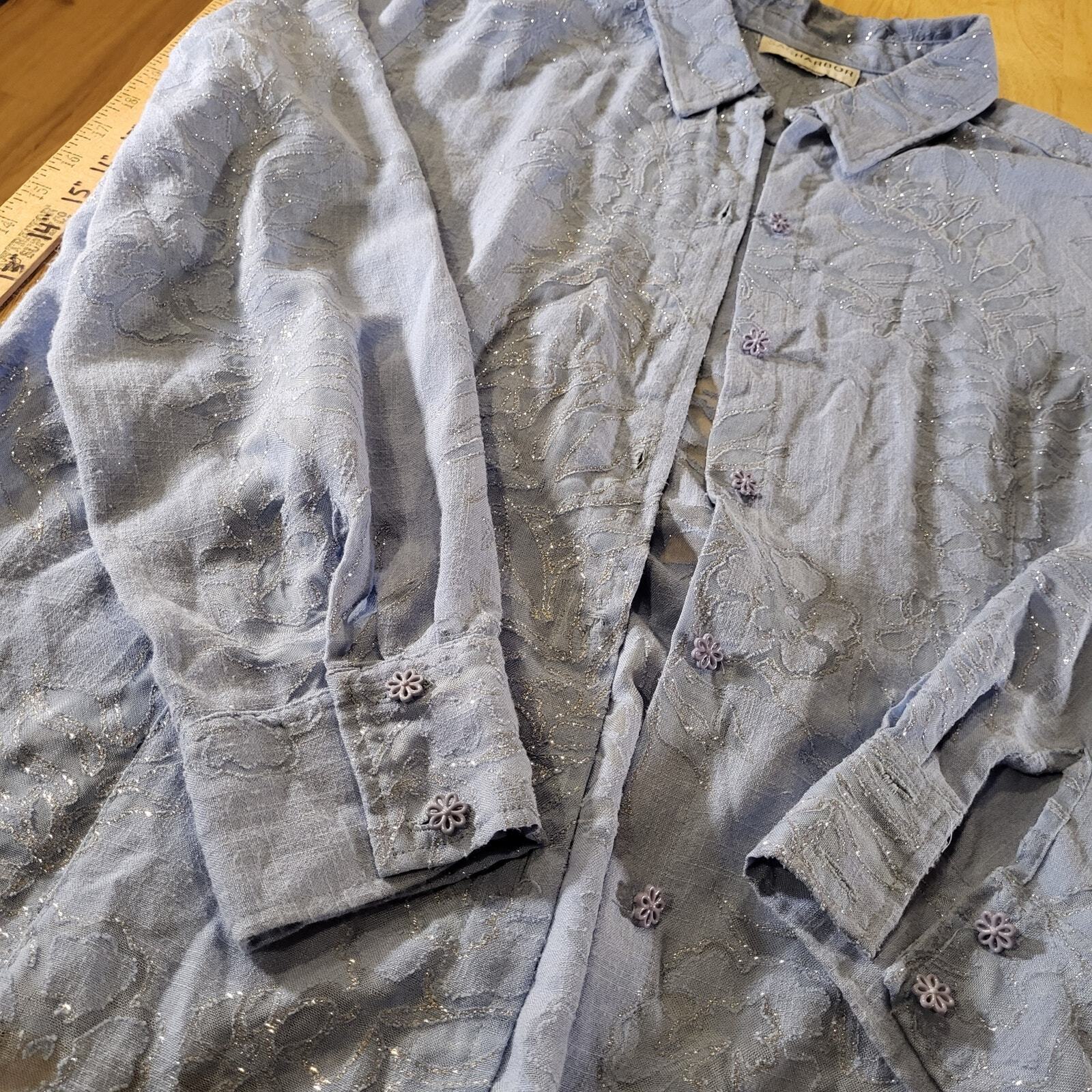 Sag Harbor Blue Metallic Burnout Flor Button Collard Sheer 23" P2P 24" Long 