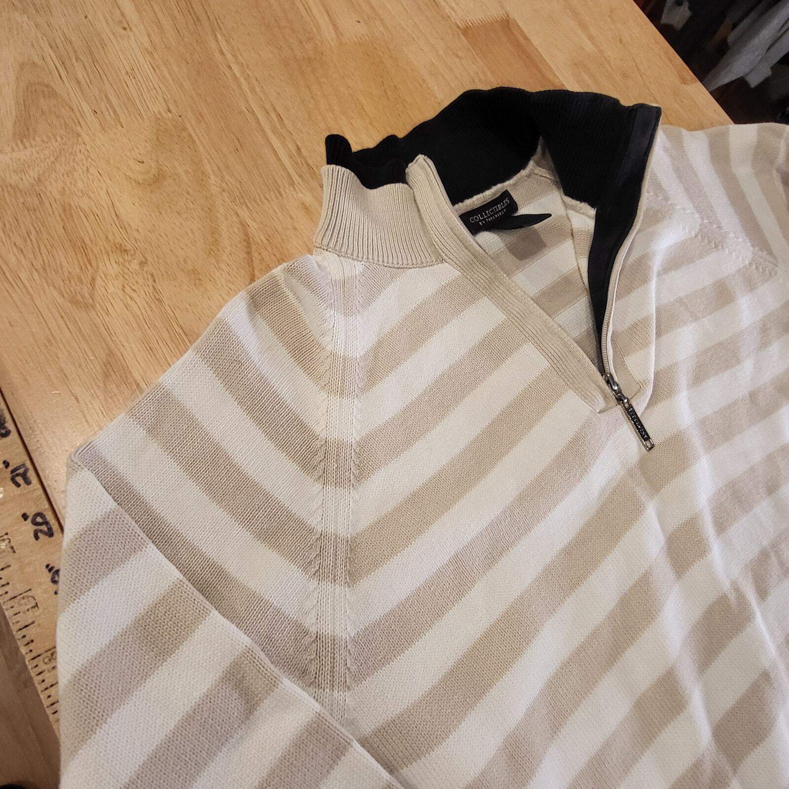 Collectable by Parkhurst Beige White Striped 1/4 Zip Sweater 100% Cotton Large
