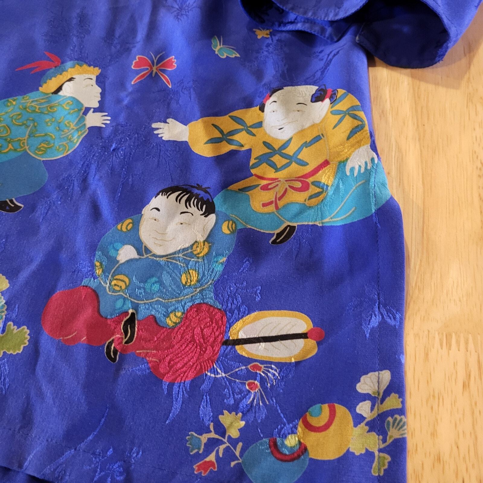Vintage Chico's Design Size 0 Chinese Printed Silk Blouse 3/4 Sleeve  Button 