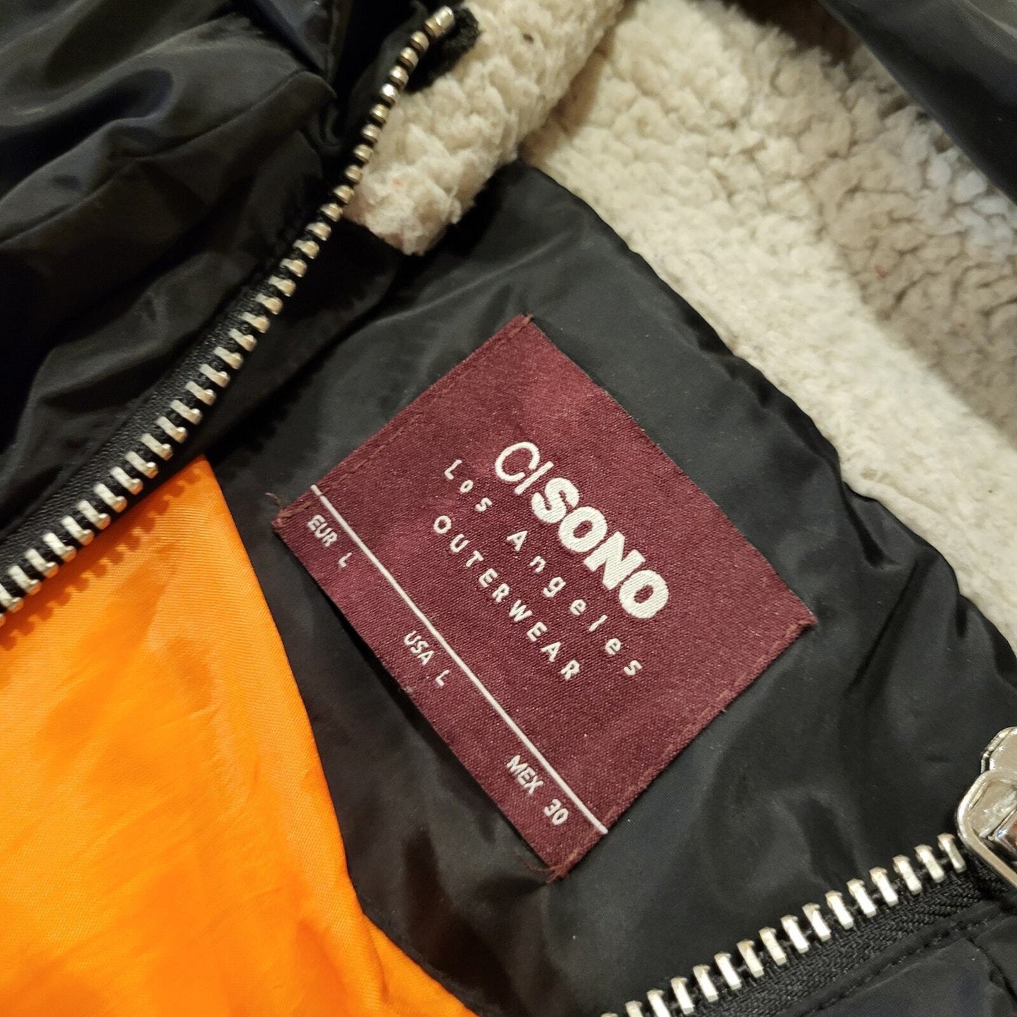 Viral Black Hooded Puffer Coat Orange Lining Silver Zip Pockets Sherling Hood LG