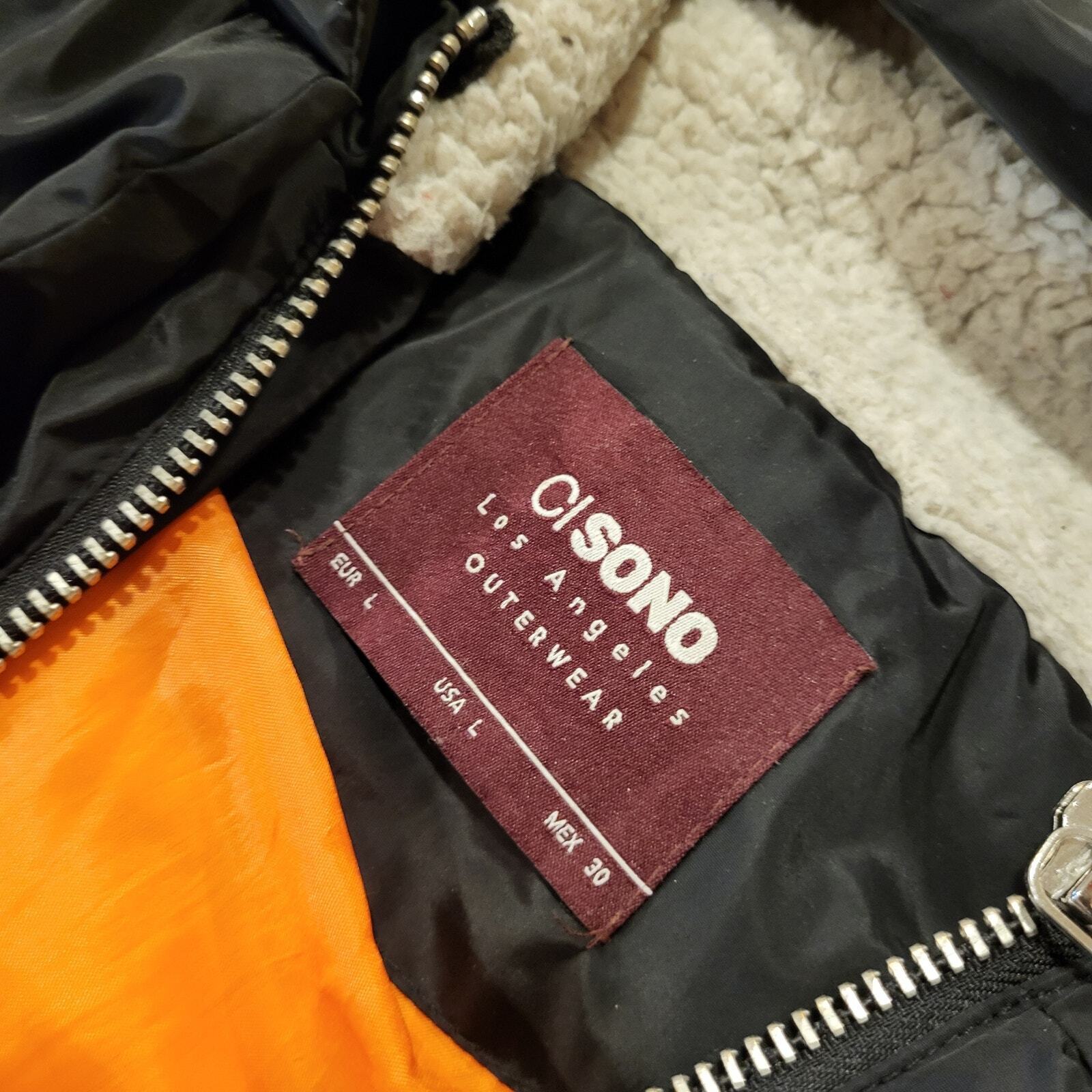 Viral Black Hooded Puffer Coat Orange Lining Silver Zip Pockets Sherling Hood LG