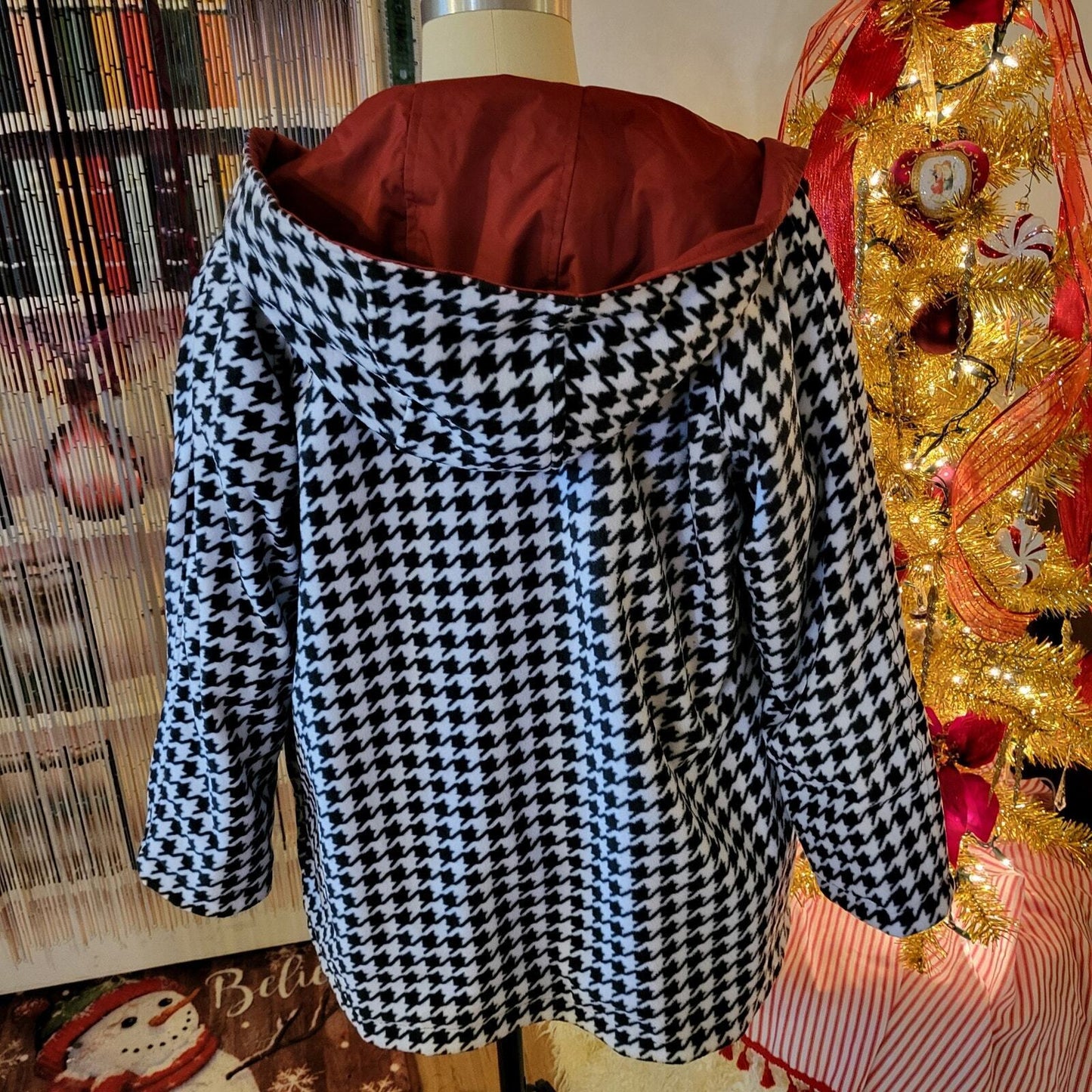 Giorgio Morandi Maroon Burgundy Fleece Reversable Houndstooth Rain Coat L