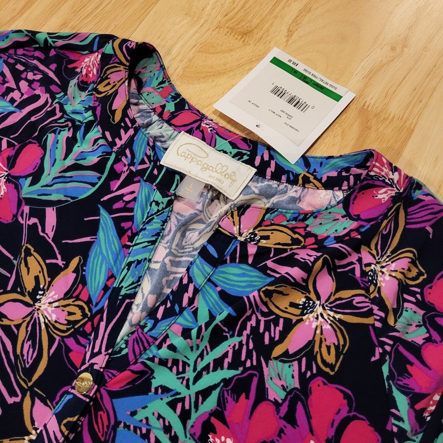 NWT Pappagallo Navy Floral Gold Button Knee Length Dress Long Sleeve Large