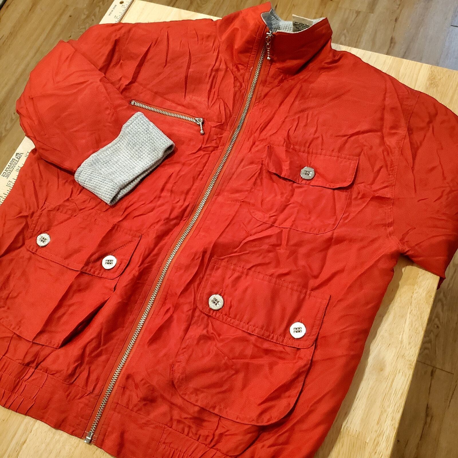Silk Vintage St. Johns Bay Red Silk Bomber Jacket Contrast Cuff Button Pocket